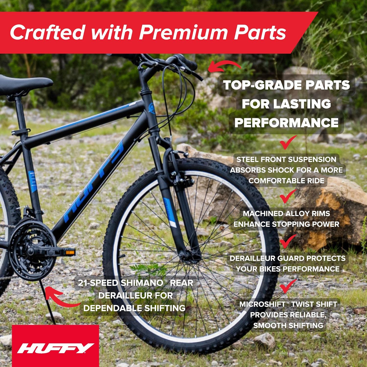 Huffy Stone Mountain Hardtail Mountain Bike for Boys/Girls/Men/Women, 20"/24"/26" Sizes, 6 or 21 Speed Shimano Twist Shifting, Front or Dual Suspension, Comfort Saddle, Sleek Colors - Image 5