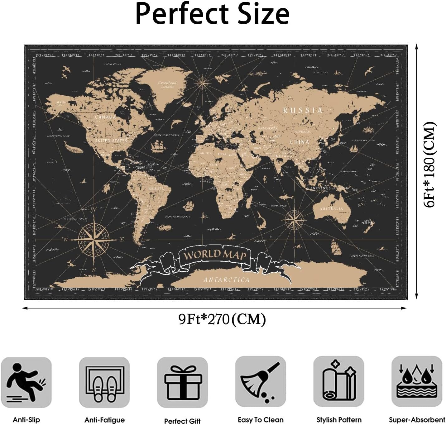 World Map Vintage Black Golden Detailed Area Rug Outdoor Patio Rug Play Mat Modern Floor Carpet Non-Slip Home Decor Living Room Kids Bedroom Nursery, 6x9 ft - Image 3