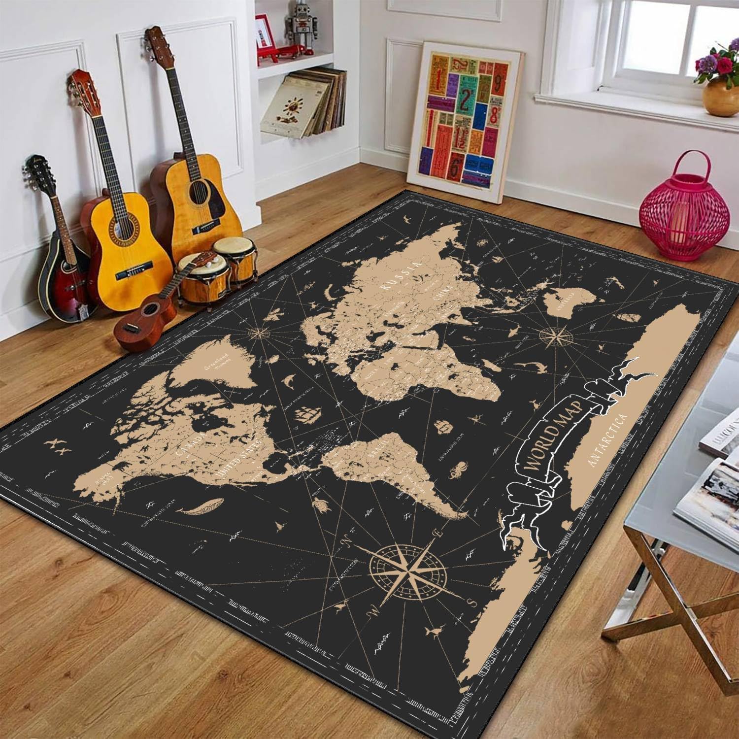 World Map Vintage Black Golden Detailed Area Rug Outdoor Patio Rug Play Mat Modern Floor Carpet Non-Slip Home Decor Living Room Kids Bedroom Nursery, 6x9 ft - Image 4