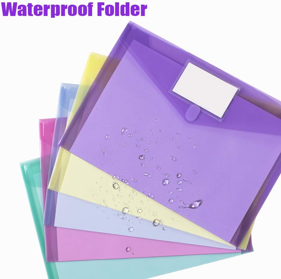 Sooez 10 Pack Plastic Envelopes Poly Envelopes, Clear Document Folders File Folders US Letter A4 Size File Envelopes with Label Pocket, Assorted Color - Image 4