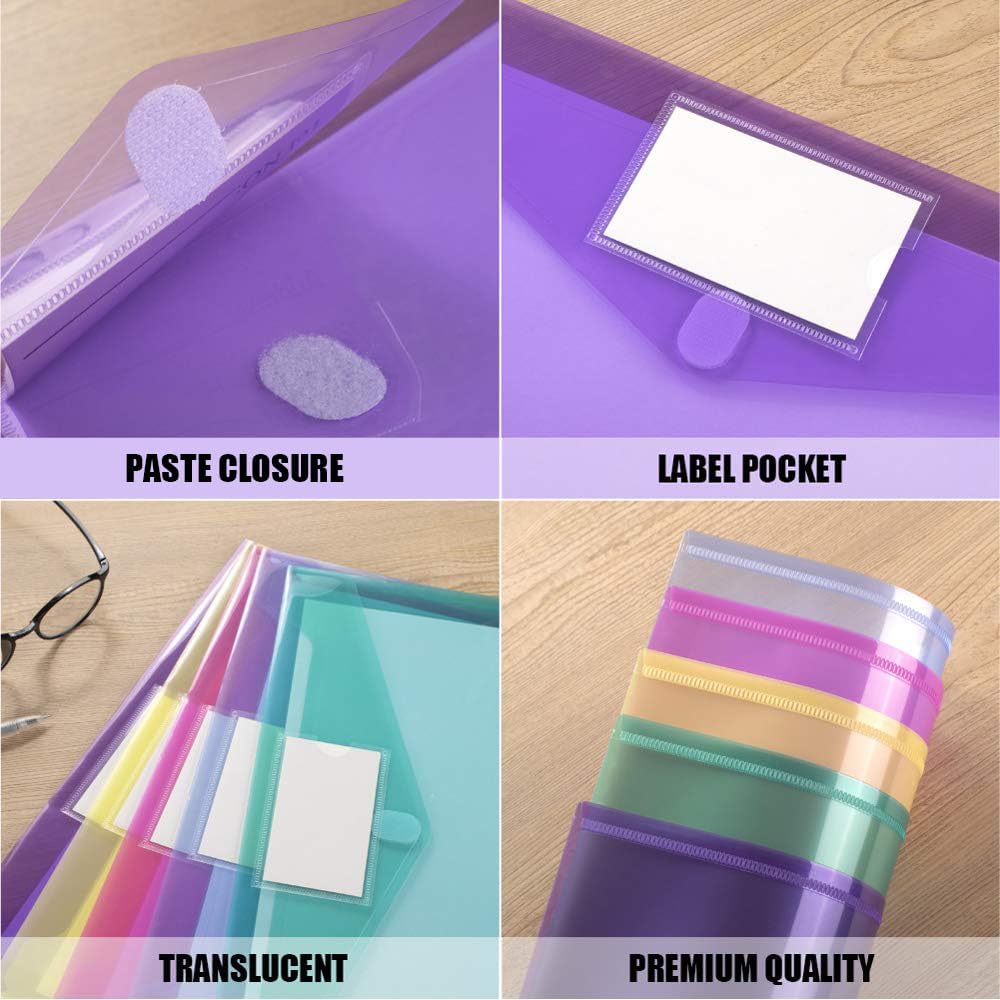 Sooez 10 Pack Plastic Envelopes Poly Envelopes, Clear Document Folders File Folders US Letter A4 Size File Envelopes with Label Pocket, Assorted Color - Image 5