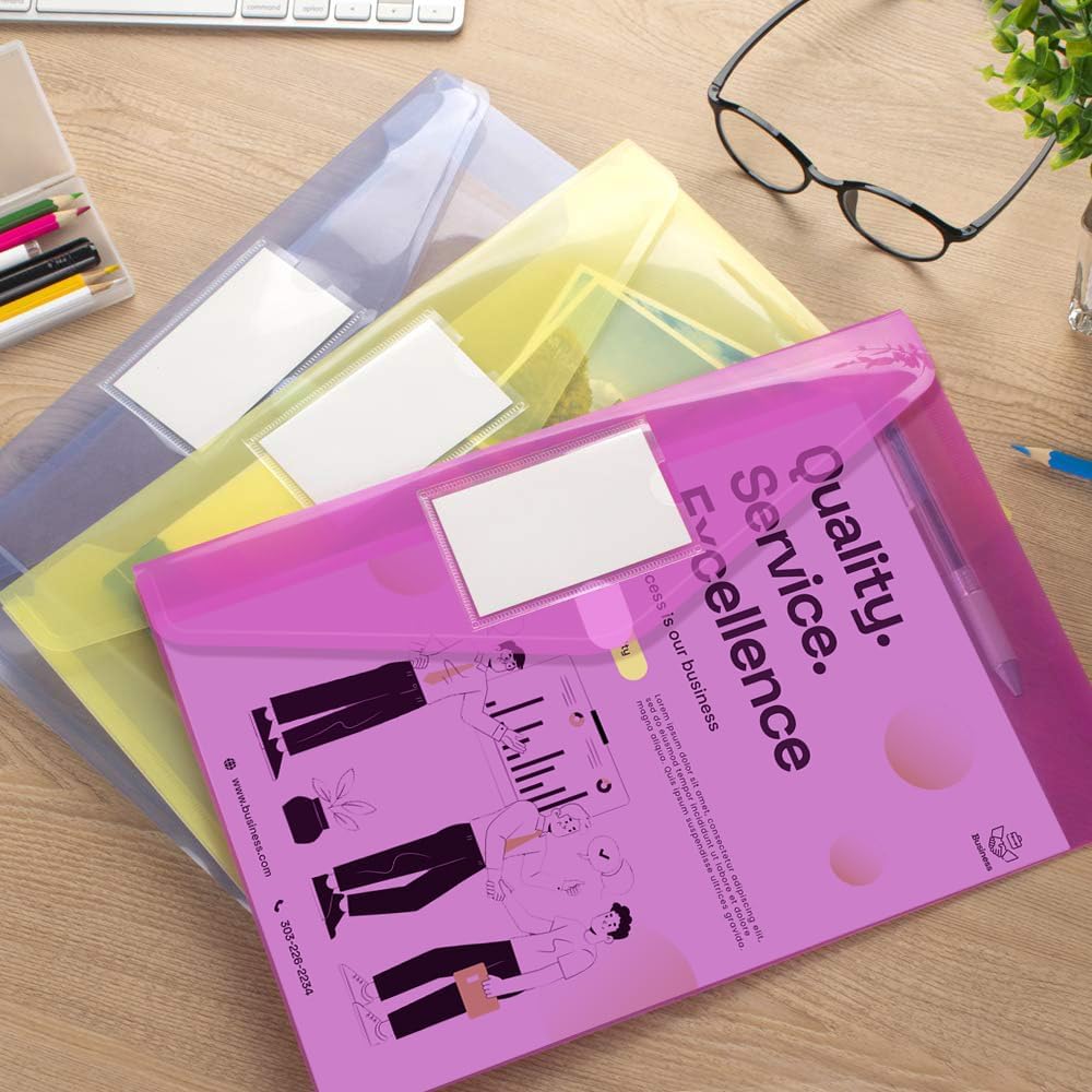 Sooez 10 Pack Plastic Envelopes Poly Envelopes, Clear Document Folders File Folders US Letter A4 Size File Envelopes with Label Pocket, Assorted Color - Image 9