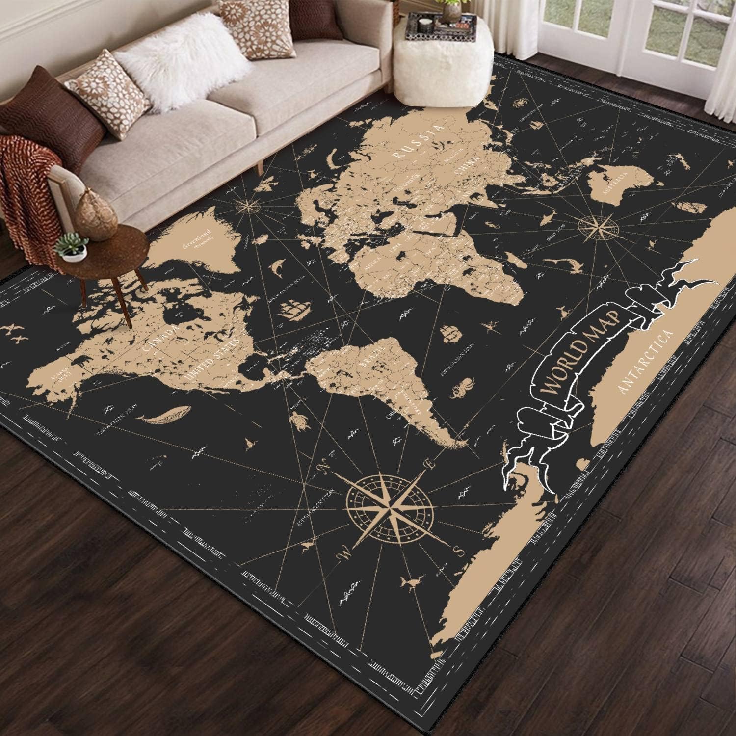 World Map Vintage Black Golden Detailed Area Rug Outdoor Patio Rug Play Mat Modern Floor Carpet Non-Slip Home Decor Living Room Kids Bedroom Nursery, 6x9 ft - Image 2