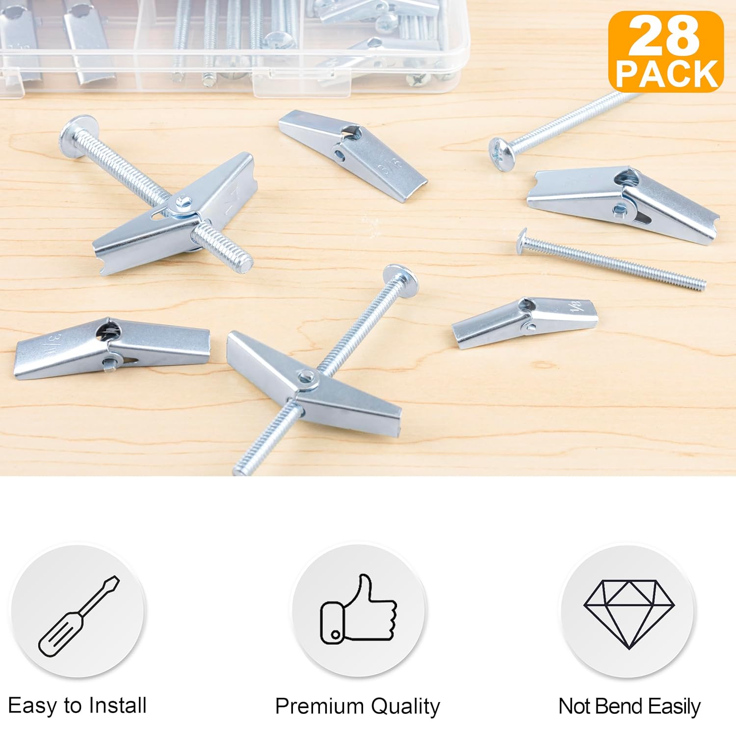 KURUI 28Pcs Heavy Duty Hollow Wall Anchors for Drywall Ceiling, Toggle Bolts and Wing Nut Kit, Metal Drywall Anchors and Screws Assortment Set, 3 Sizes Butterfly Anchors (1/8in, 3/16in, 1/4in) - Image 3