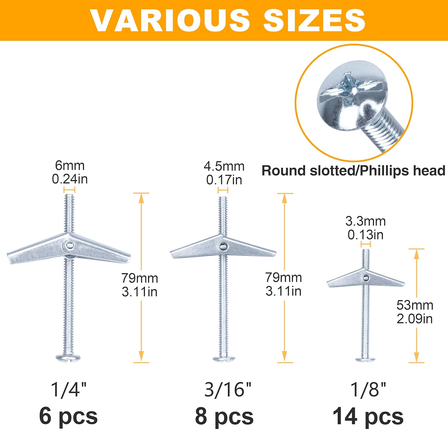 KURUI 28Pcs Heavy Duty Hollow Wall Anchors for Drywall Ceiling, Toggle Bolts and Wing Nut Kit, Metal Drywall Anchors and Screws Assortment Set, 3 Sizes Butterfly Anchors (1/8in, 3/16in, 1/4in) - Image 8