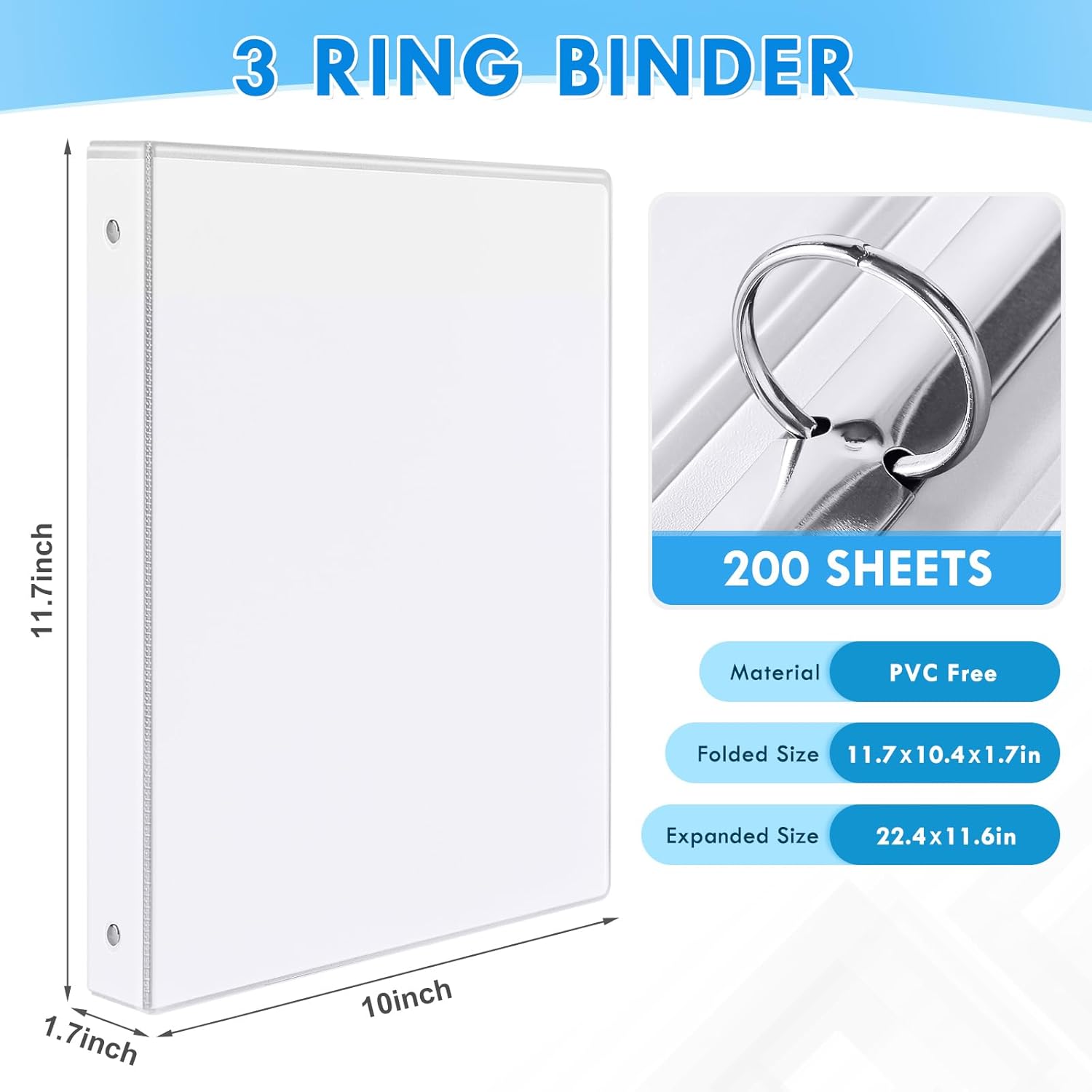 1 Inch Binders 3 Ring - Basic Binder with 2 Interior Pockets, Assorted Bright Colors, Heavy Duty, Non-Stick & PVC Free Round Ring Binders for Office, Home, and School Supplies (White, 6 Pack) - Image 3