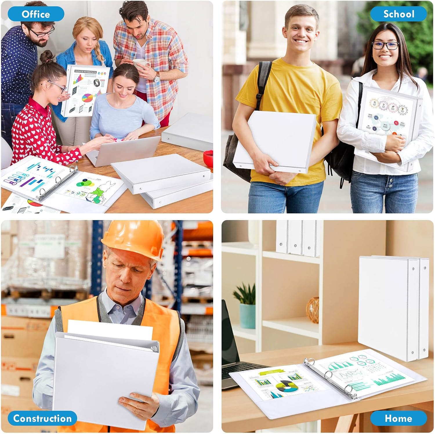1 Inch Binders 3 Ring - Basic Binder with 2 Interior Pockets, Assorted Bright Colors, Heavy Duty, Non-Stick & PVC Free Round Ring Binders for Office, Home, and School Supplies (White, 6 Pack) - Image 8