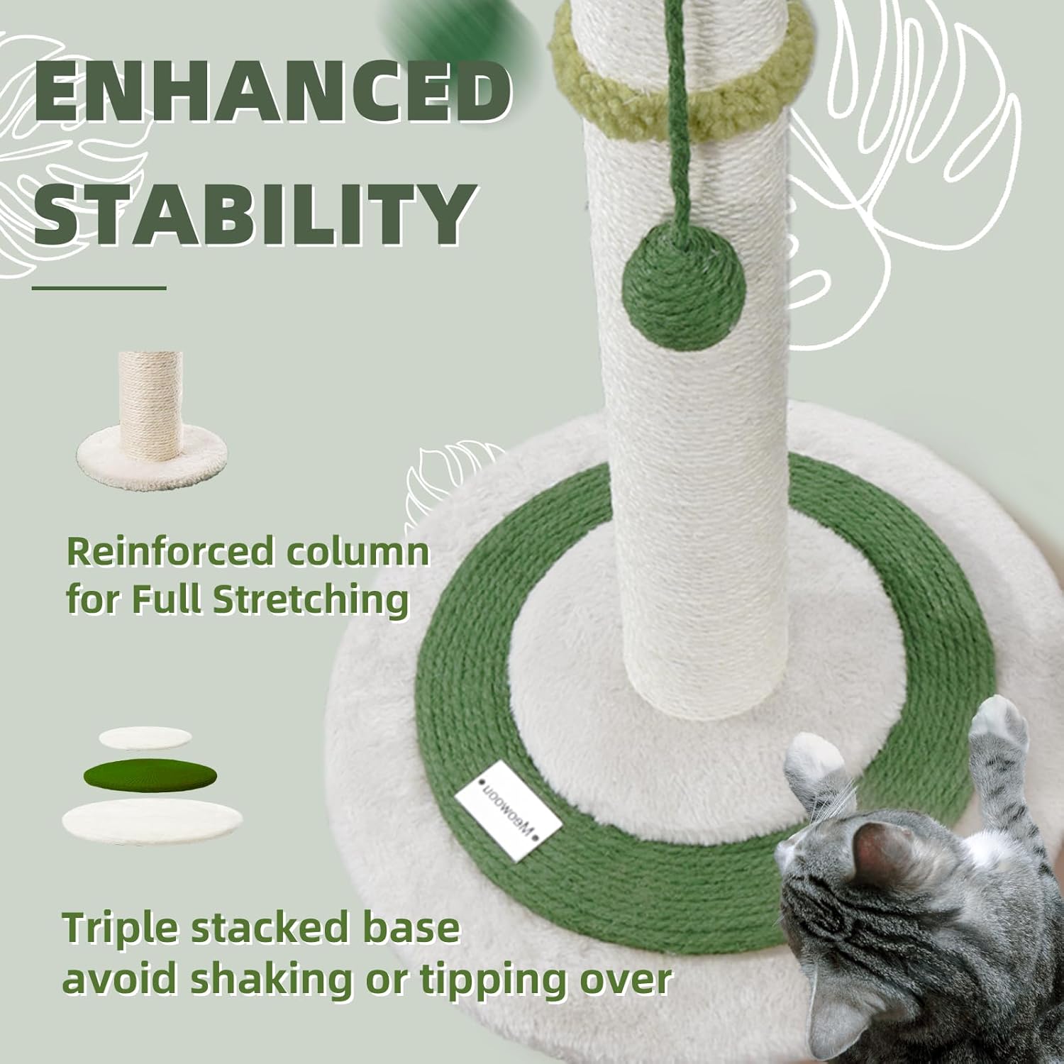 MEOWOOU Cat Scratching Post for Indoor Cats and Kitten, 35” Tall Monstera cat Scratching Post with sisal Hanging Interactive Ball, Suitable for Large Adult cat, Kitten, and All Type of Cats - Image 3