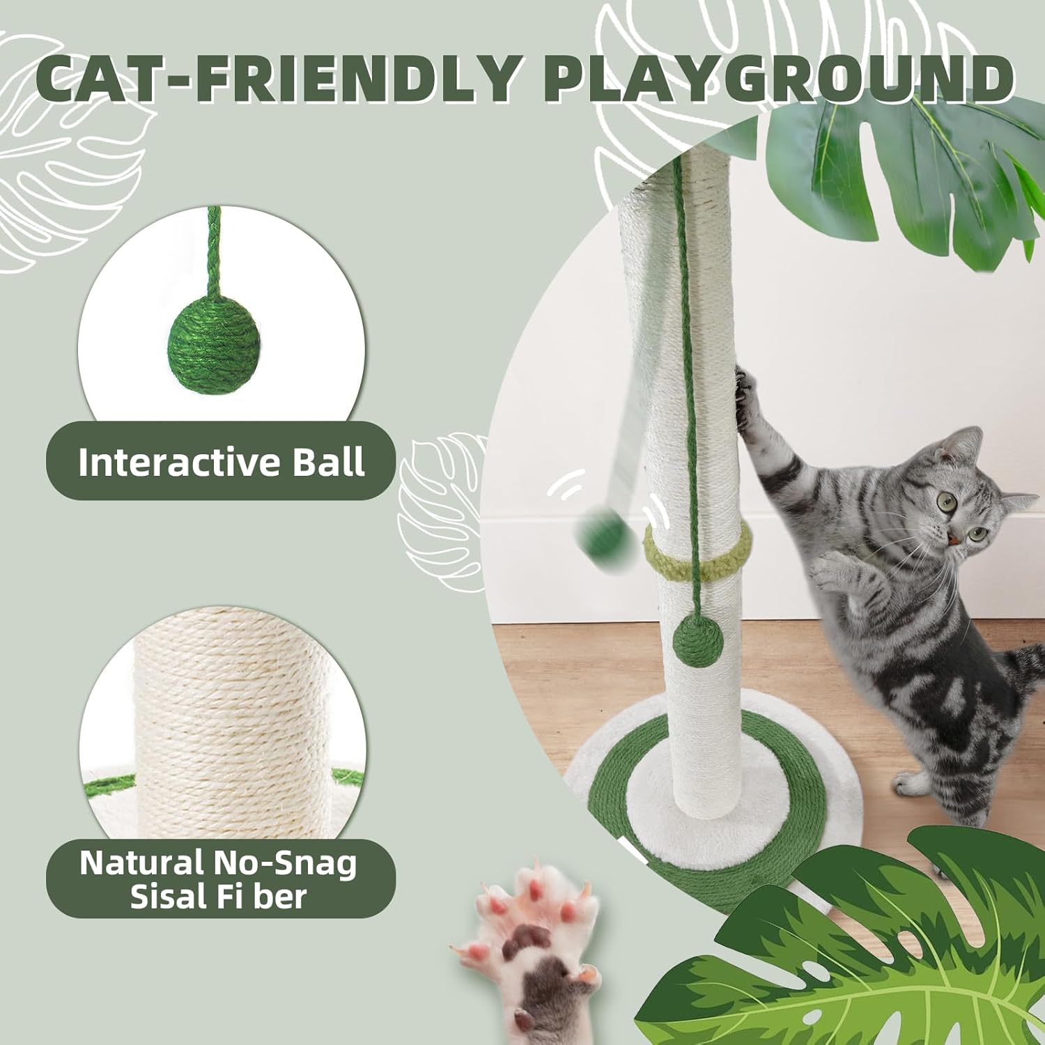 MEOWOOU Cat Scratching Post for Indoor Cats and Kitten, 35” Tall Monstera cat Scratching Post with sisal Hanging Interactive Ball, Suitable for Large Adult cat, Kitten, and All Type of Cats - Image 4