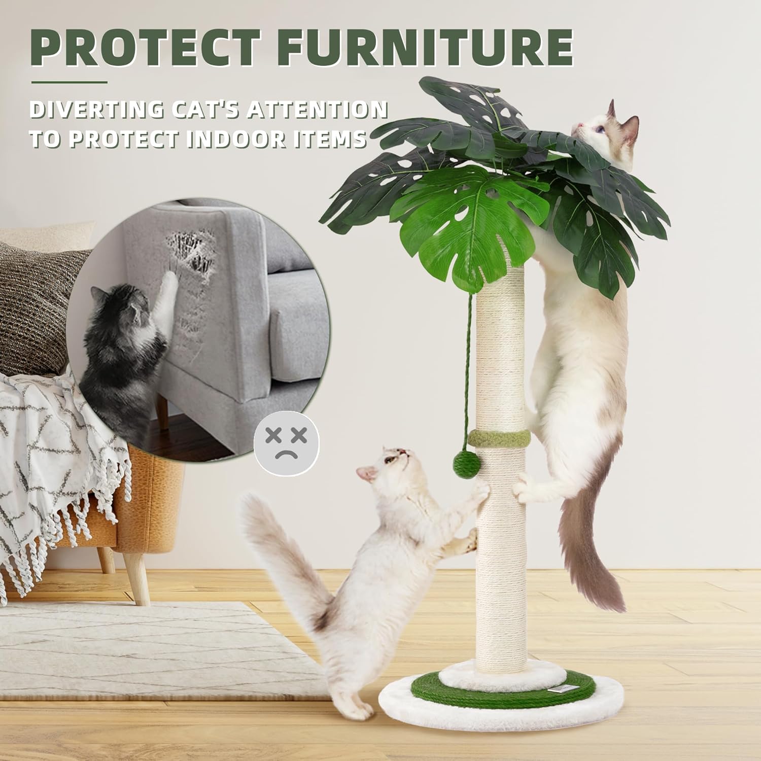 MEOWOOU Cat Scratching Post for Indoor Cats and Kitten, 35” Tall Monstera cat Scratching Post with sisal Hanging Interactive Ball, Suitable for Large Adult cat, Kitten, and All Type of Cats - Image 5