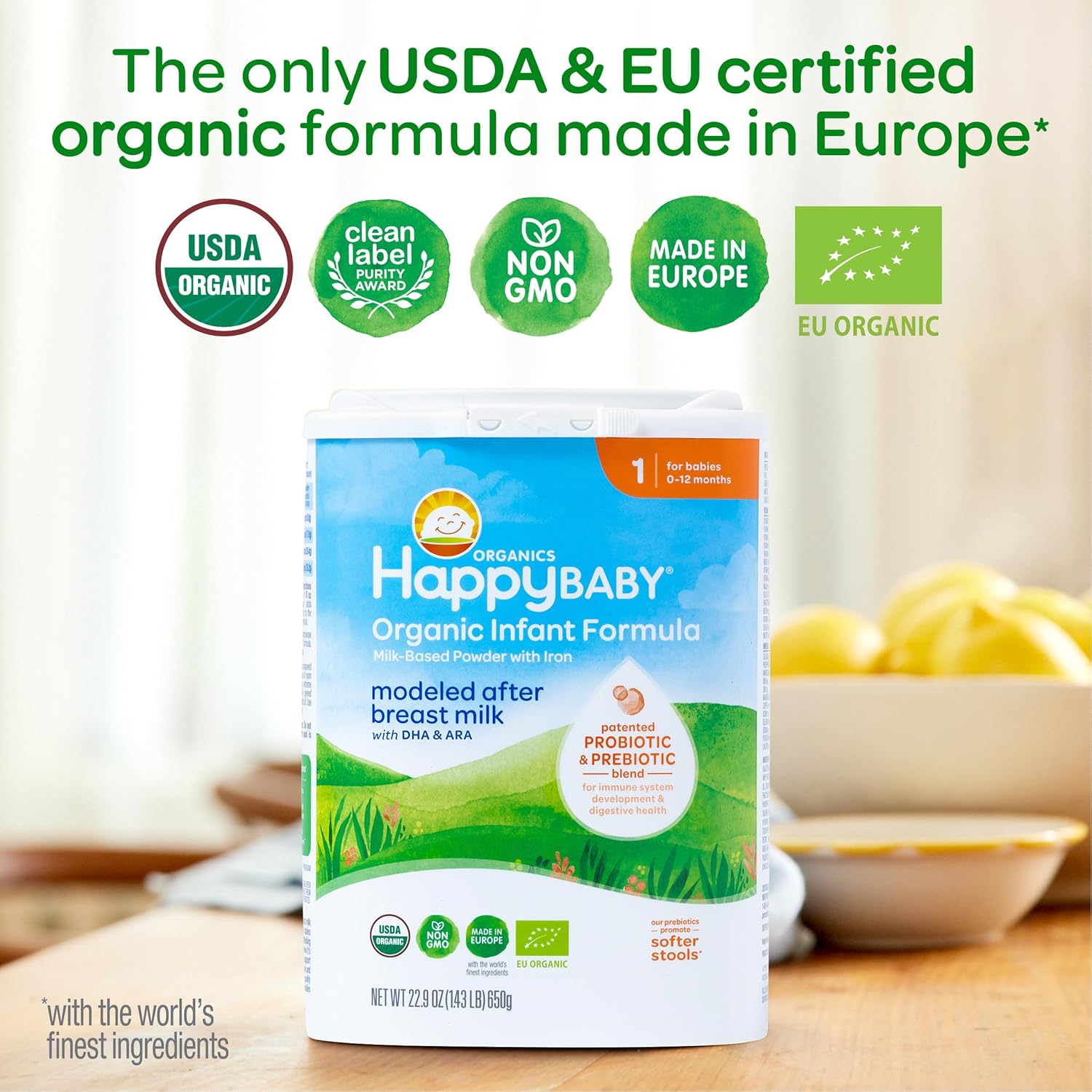 Happy Baby Organics Stage 1 Infant Formula, 0-12 Months, Milk Based Organic Baby Formula Powder with Iron, Probiotics & Prebiotics for Immune & Digestive Support, 22.9 Ounce (Pack of 1) - Image 3