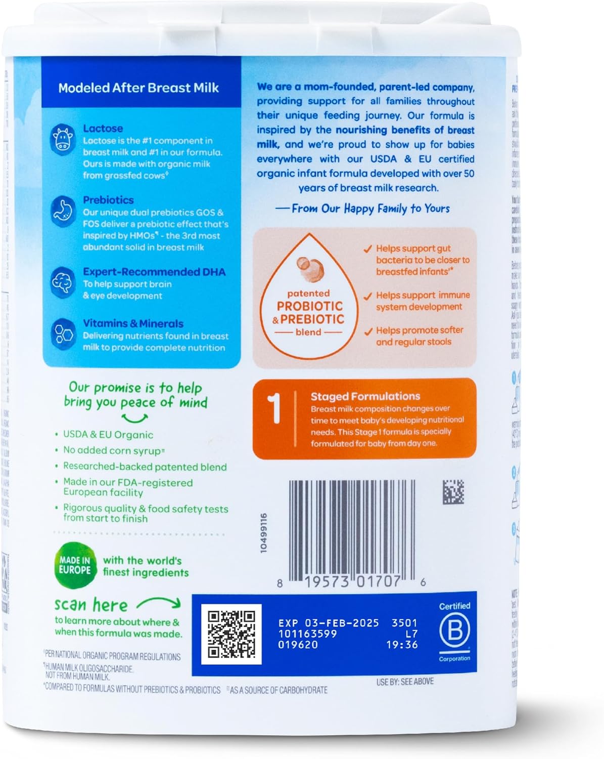 Happy Baby Organics Stage 1 Infant Formula, 0-12 Months, Milk Based Organic Baby Formula Powder with Iron, Probiotics & Prebiotics for Immune & Digestive Support, 22.9 Ounce (Pack of 1) - Image 9