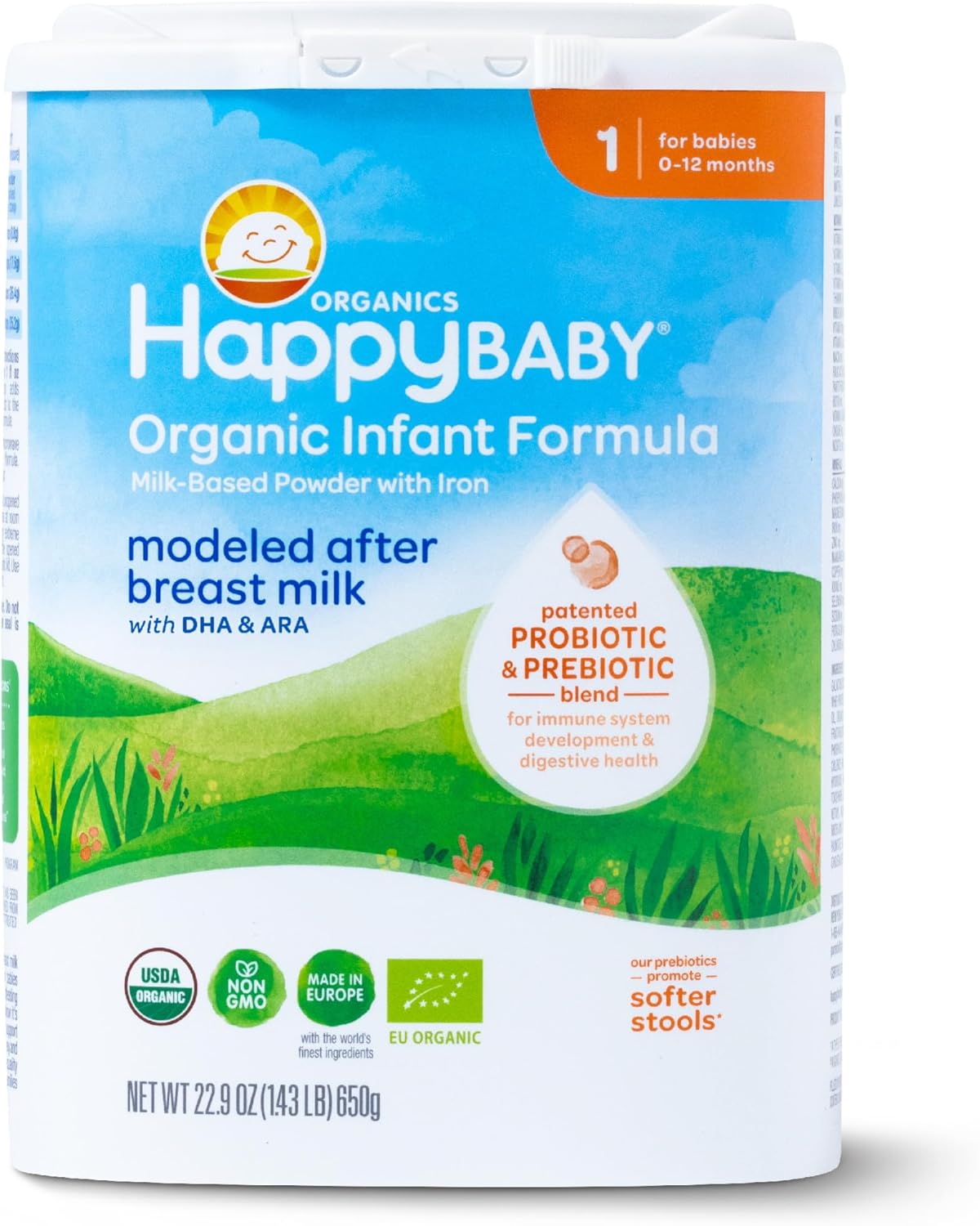 Happy Baby Organics Stage 1 Infant Formula, 0-12 Months, Milk Based Organic Baby Formula Powder with Iron, Probiotics & Prebiotics for Immune & Digestive Support, 22.9 Ounce (Pack of 1) - Image 2