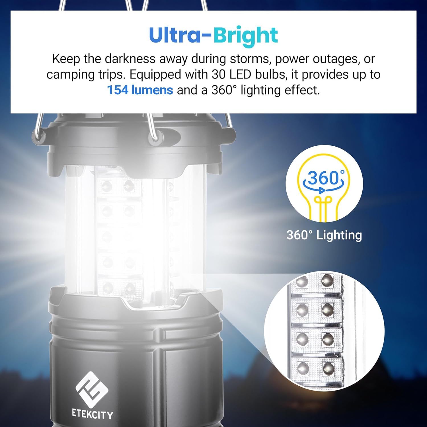Etekcity Lantern Camping Essentials Lights, Led Flashlight for Power Outages, Tent Lights for Emergency, Survival Gear and Supplies for Hurricane, Battery Operated Lamp, 2 Pack, Black - Image 3