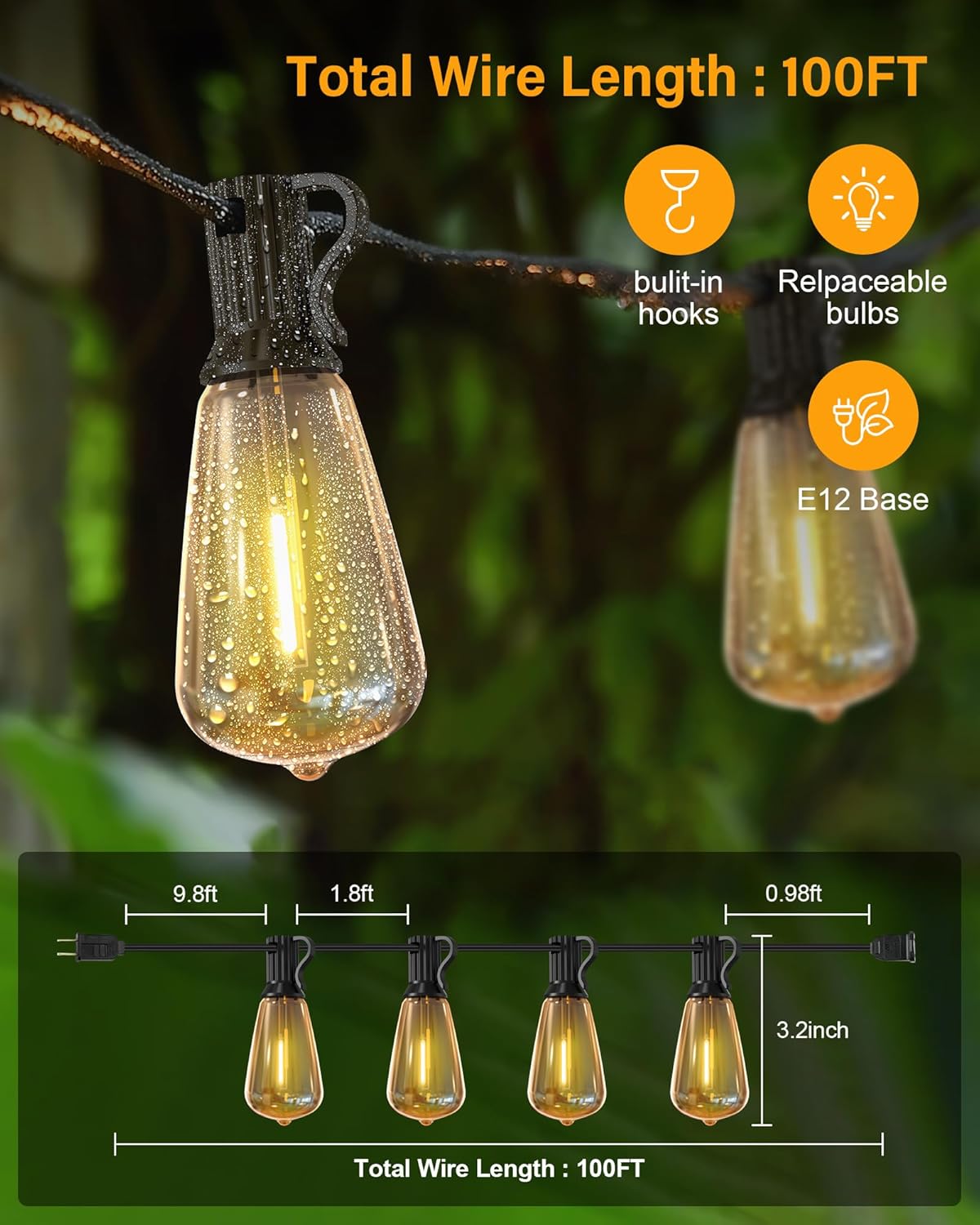 Doukegde 100FT LED Outdoor String Lights, 2700K LED Patio Lights Outdoor Waterproof with 50+2 Shatterproof Vintage Bulbs, Plug in Hanging Light for Porch, Backyard, Garden, Gazebo [Non-Solar] - Image 3