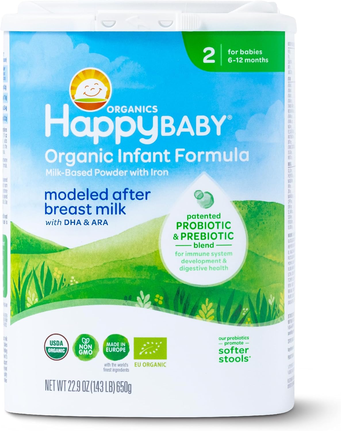 Happy Baby Organics Stage 2 Infant Formula, 6-12 Months, Milk Based Organic Baby Formula Powder with Iron, Probiotics & Prebiotics for Immune & Digestive Support, 22.9 Ounce (Pack of 1) - Image 2