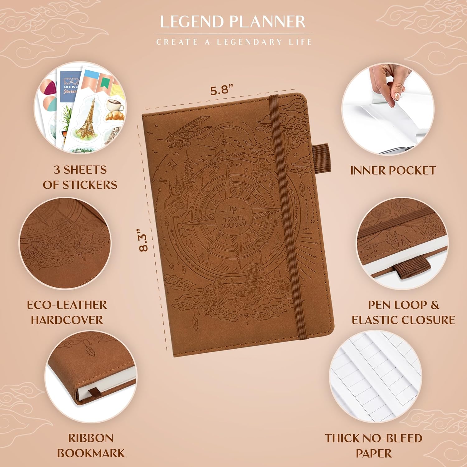 Legend Vintage Travel Journal – Traveling Diary & Photo Album for Men, Women & Family with Bucket List – Vacation Essentials (Brown) - Image 3
