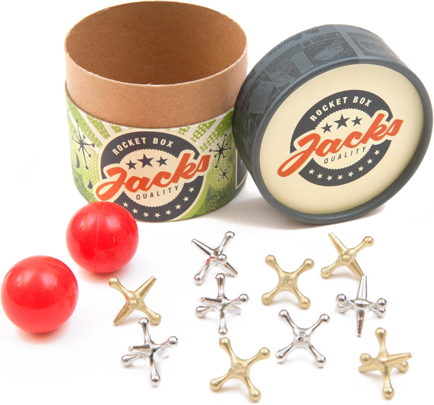 Jacks Game: Retro Toys, Vintage, Classic Games of Jacks, Gold and Silver Toned Jax, Two Red Bouncy Balls, Fun Toys for Kids and Adults of All Ages. Family Board Games Night. Travel Size. - Image 3