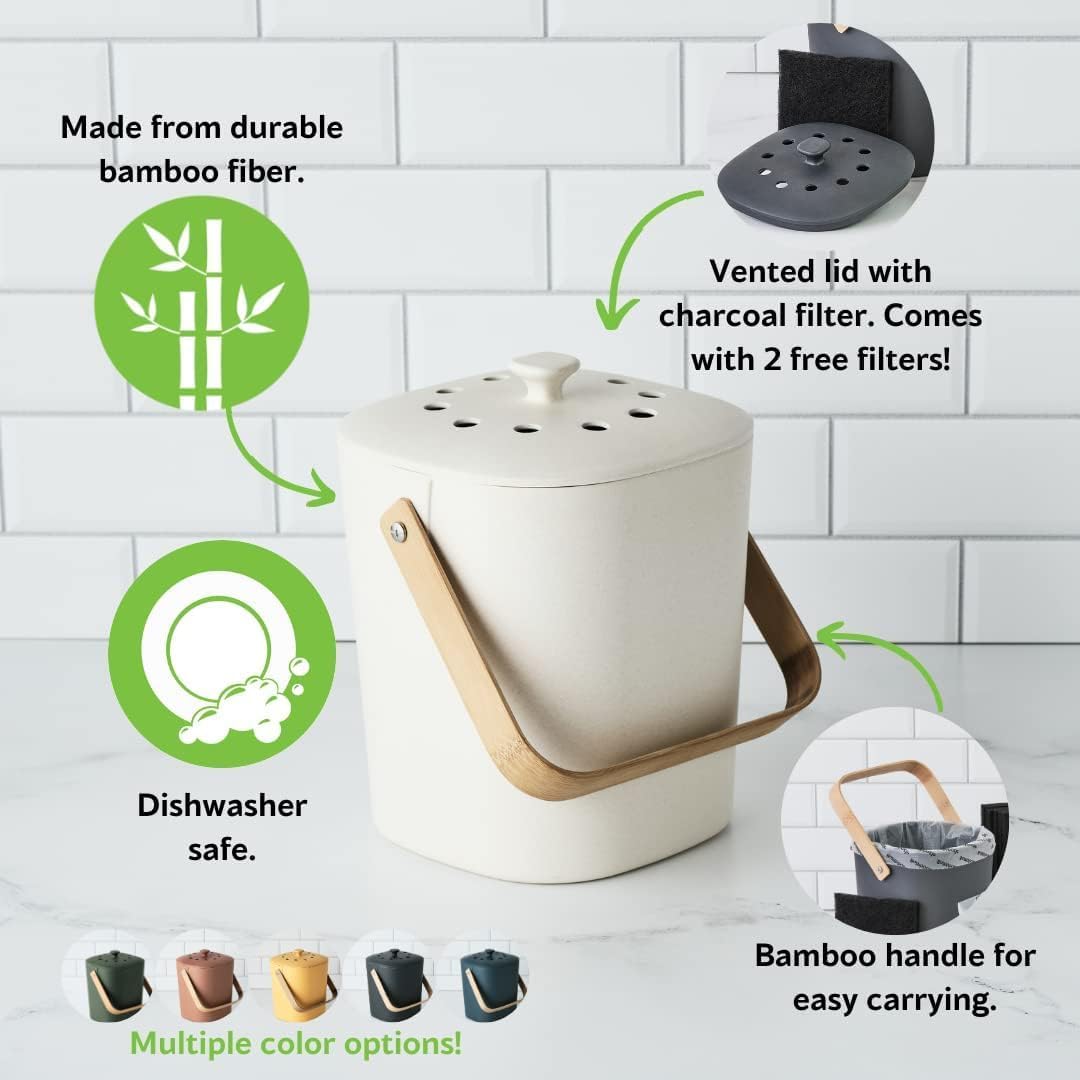 Bamboozle Countertop Compost Bin Kitchen | 1 Gallon | Odorless Composting Bin with Filters | Indoor Compost Bin with Lid | Plant Based Kitchen Composter for Food Scraps & Waste Recycling | Natural - Image 3