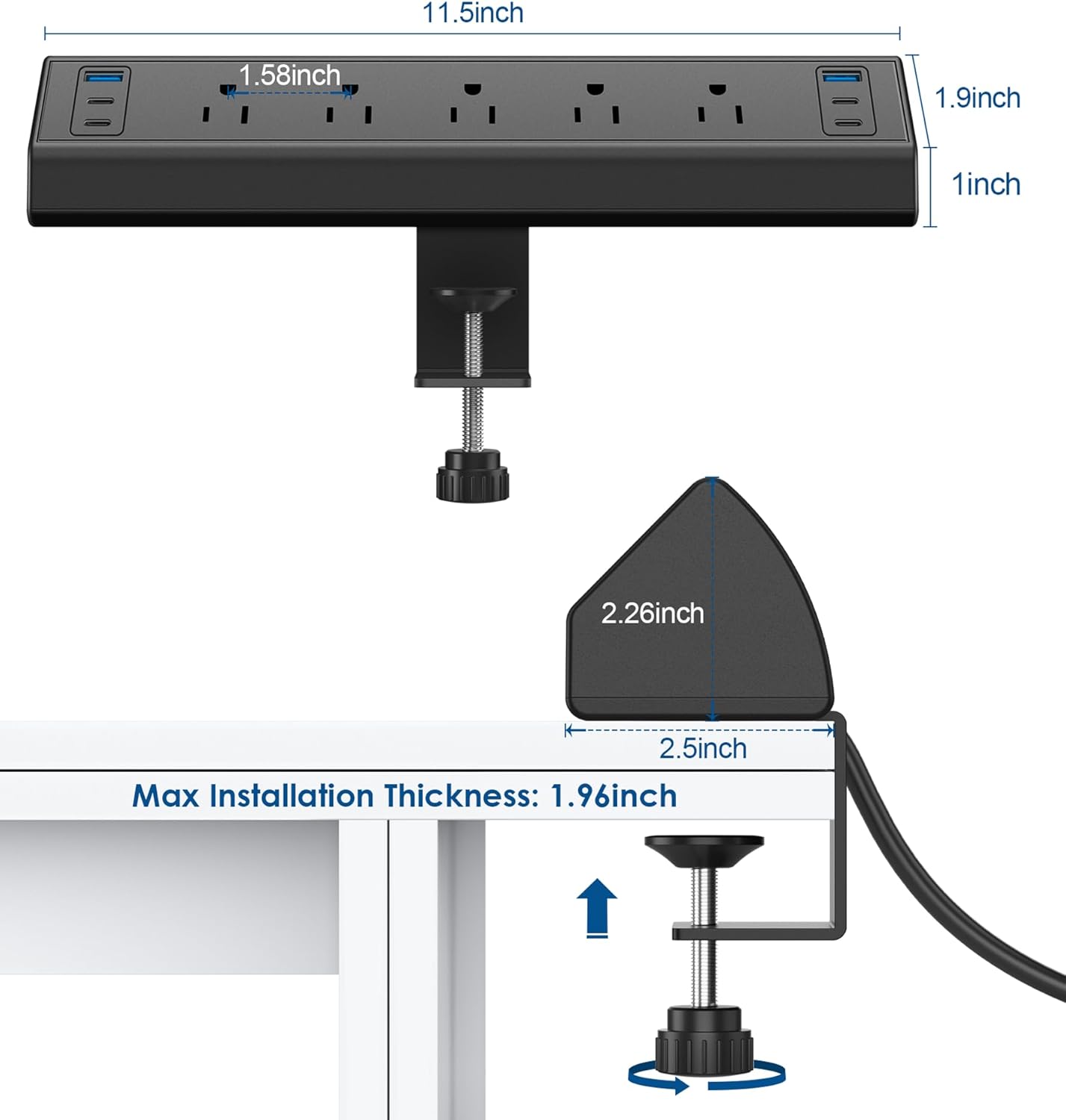 Desk Clamp Power Strip USB C,40W Total Fast Charging Station,4 PD 20W USB C Ports,Desk Edge Mount Power Strip 6 USB Ports 5 AC Outlets Surge Protector,Fit 1.96" Tabletop Edge,ETL Listed - Image 8